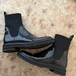 Loeffler Randall Bridget Croc Patent Leather Chelsea Combat Boots Size 10 Black